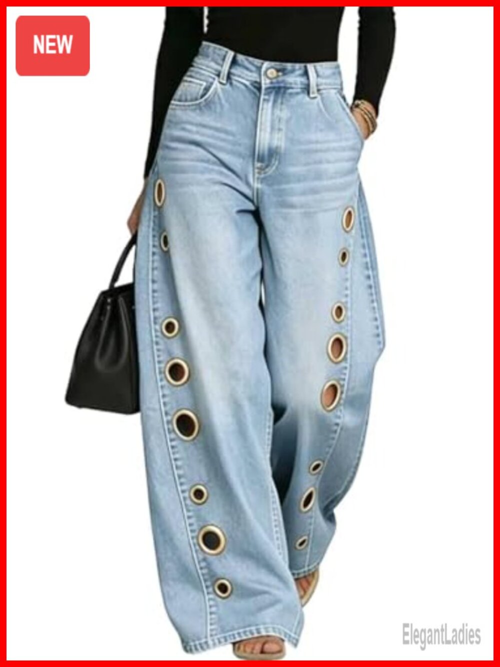 Women Baggy Wide Leg High Rise Jeans Eyelet Cut Out Denim Pants
